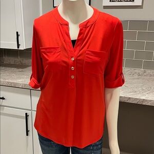 Anne Klein Bright Red Button-Pocket Roll-Sleeve Blouse